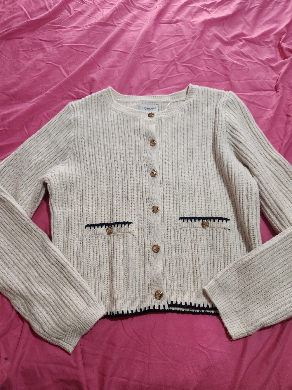 Song of Style Cream Ribbed Cardigan with Navy Trim Accents
